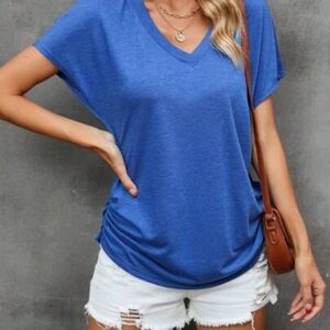 Blue V-Neck Dolman Top with Side Shirring | Medium